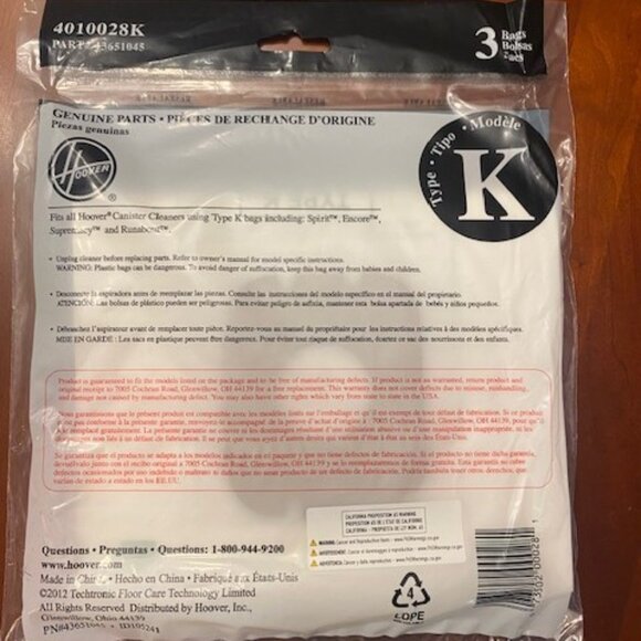 Original Vacuum cleaner bags for Hoover Style "K" canister vacuums- 3 pack New - Picture 2 of 2